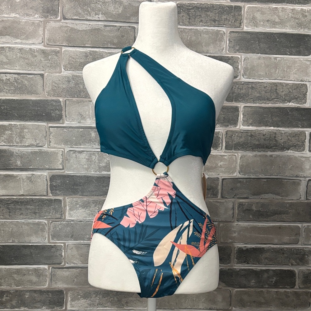 Elegant Teal and Pink Cutout One-Piece Swimsuit